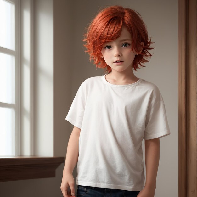 Um rapaz com cabelo vermelho e uma camisa branca.