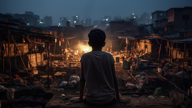 Um rapaz com fome num bairro pobre.