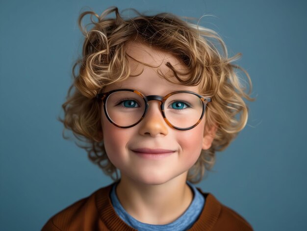 Um rapaz com o cabelo encaracolado a usar óculos.