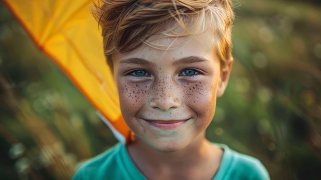 Um rapaz com sardas a sorrir e a segurar uma cometa.