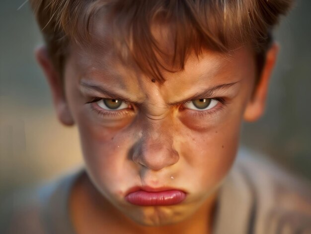 Um rapaz com um rosto zangado.