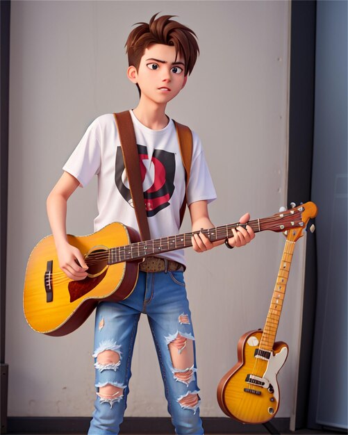 Um rapaz com uma guitarra e uma guitarra.