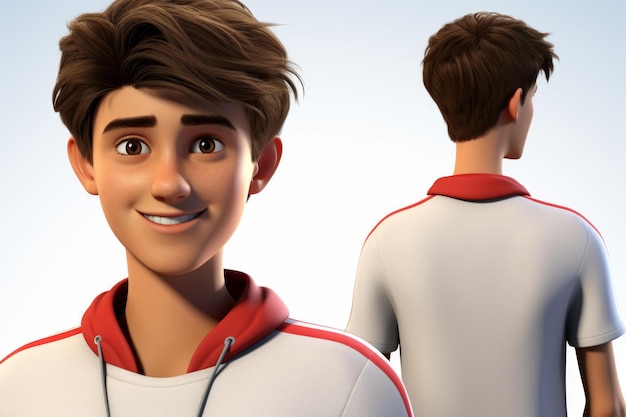 Um rapaz de cabelos castanhos com fato de treino branco e vermelho a sorrir.