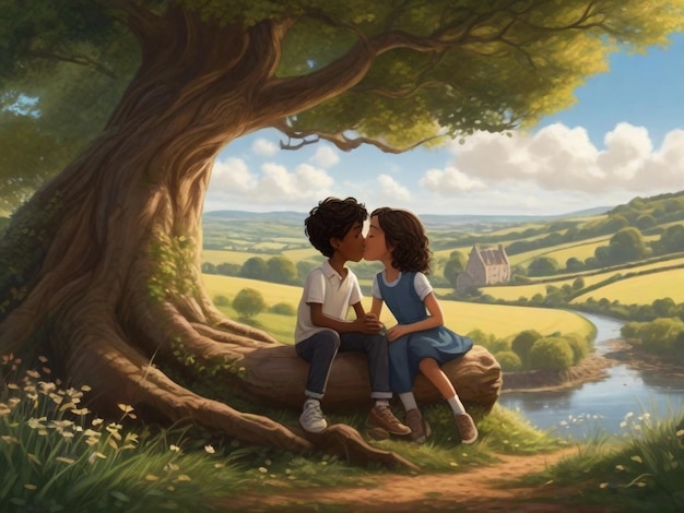 Um rapaz e uma rapariga a beijar-se sentados debaixo de uma árvore.