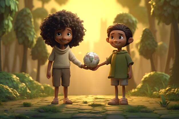 Um rapaz e uma rapariga afro-americanos bonitos a segurar um globo na floresta.