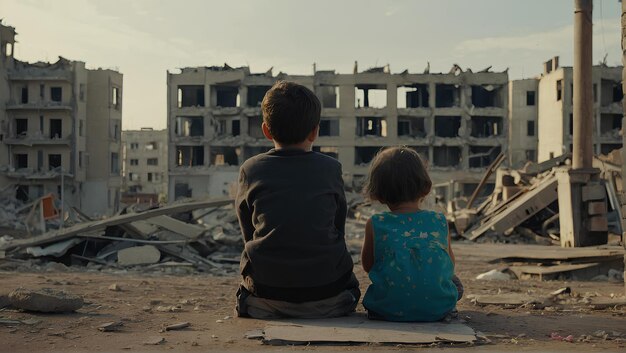 Foto um rapaz e uma rapariga estão sentados a olhar para a casa deles destruída pela guerra.