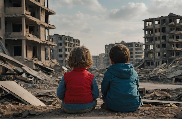 Foto um rapaz e uma rapariga estão sentados a olhar para a casa deles destruída pela guerra.
