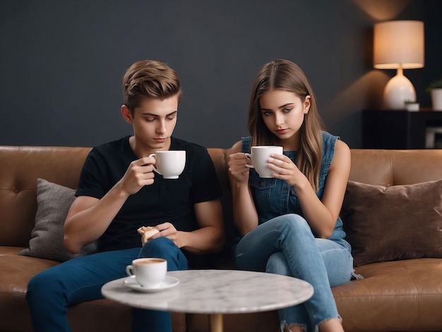 Um rapaz e uma rapariga estão sentados com café na mão.