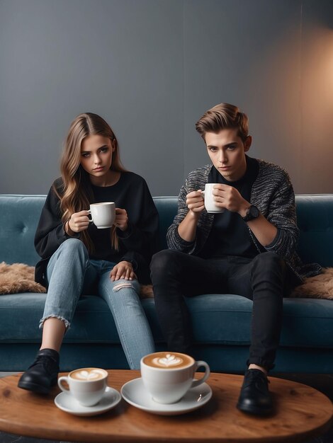 Um rapaz e uma rapariga estão sentados com café na mão.