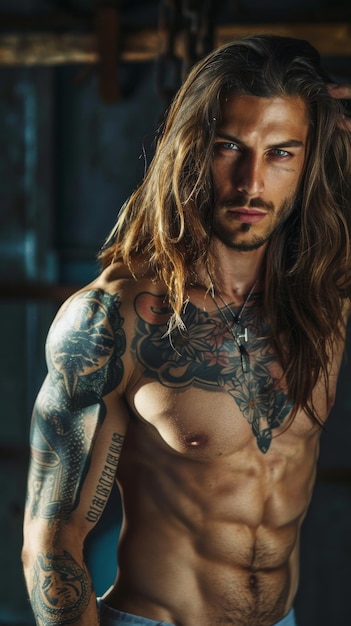 Um rapaz mau bonito com cabelo longo e tatuagens a fazer uma pose.