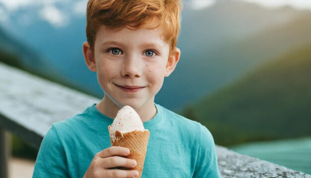 Foto um rapaz ruivo a comer gelado num cone.