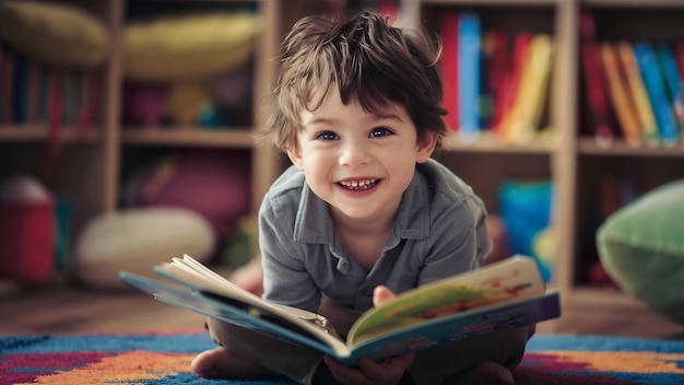Um rapaz sorridente a ler um livro.