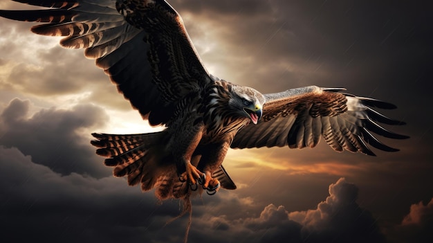 Um raptor em pleno voo com as asas estendidas contra um céu tempestuoso dramático
