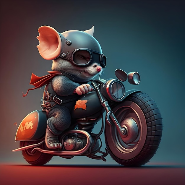 Um rato andando de moto com capacete e botas.