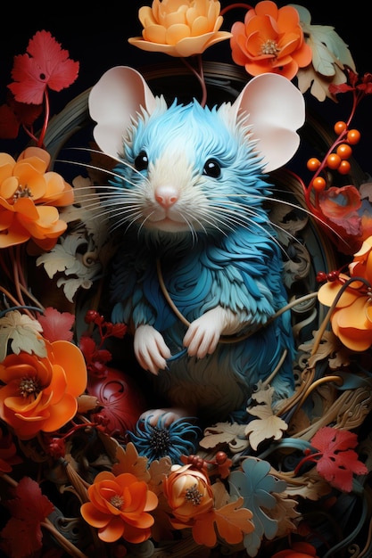 Foto um rato azul cercado por flores ai