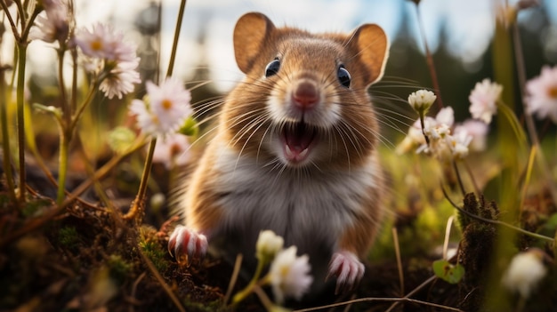 Um rato bonito de pé num campo de flores