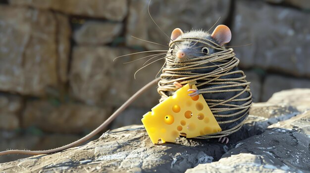 Foto um rato bonito está sentado em uma rocha o rato está enrolado em uma corda e segurando um pedaço de queijo em suas patas