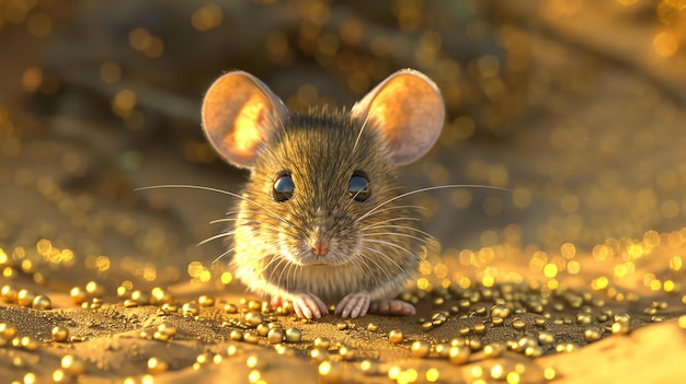 Foto um rato bonito sentado em uma pilha de grãos dourados olhando para a câmera com grandes olhos pretos o fundo é um calor fora de foco desfocado