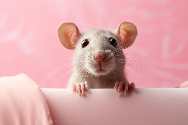 Foto um rato branco está olhando para a câmera com os olhos bem abertos espreitando do fundo rosa