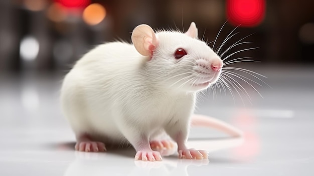 Um rato branco sentado em cima de um modelo de teste de animais de laboratório de chão branco para pesquisa