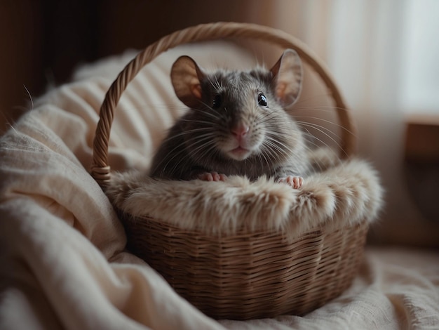 Um rato cinzento numa cesta com um cobertor branco