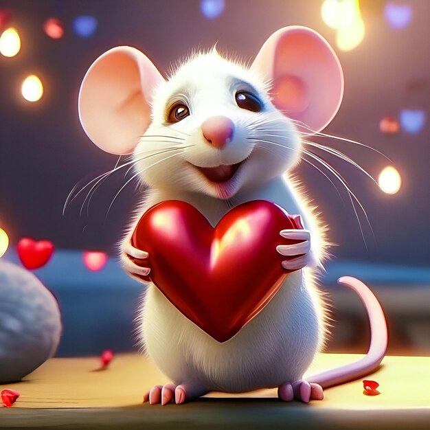 Foto um rato com um coração nas patas no dia dos namorados.
