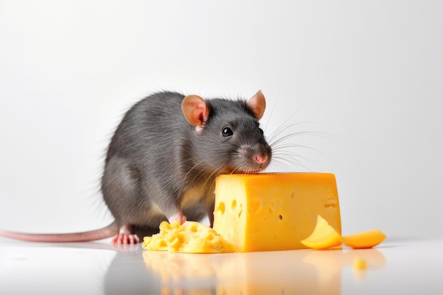 Um rato come queijo com um pedaço de queijo na mesa.