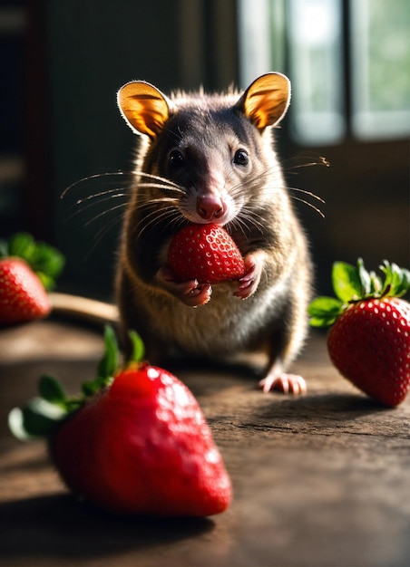 um rato comendo morangos com morangos na mesa