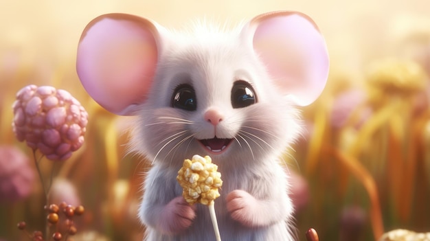 Um rato comendo um milho em um fundo amarelo