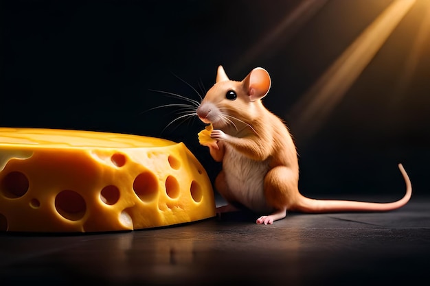 Um rato comendo um pedaço de queijo 3d