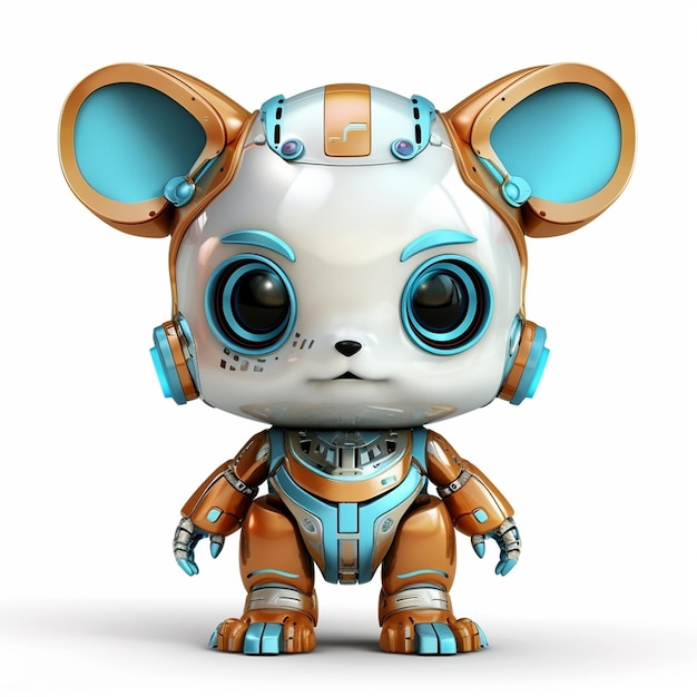 Um rato de brinquedo com olhos azuis e rosto prateado.