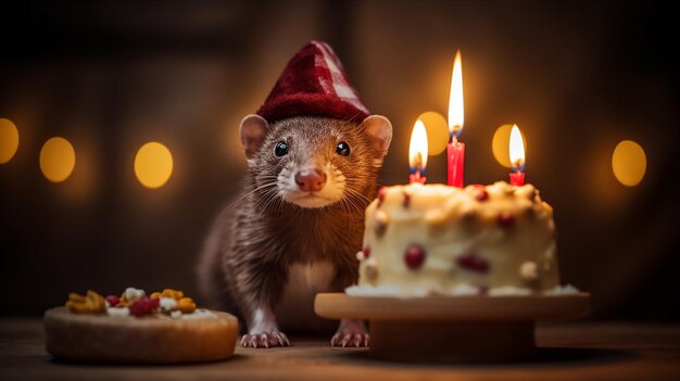 Um rato de chapéu ao lado de um bolo de aniversário com velas acesas