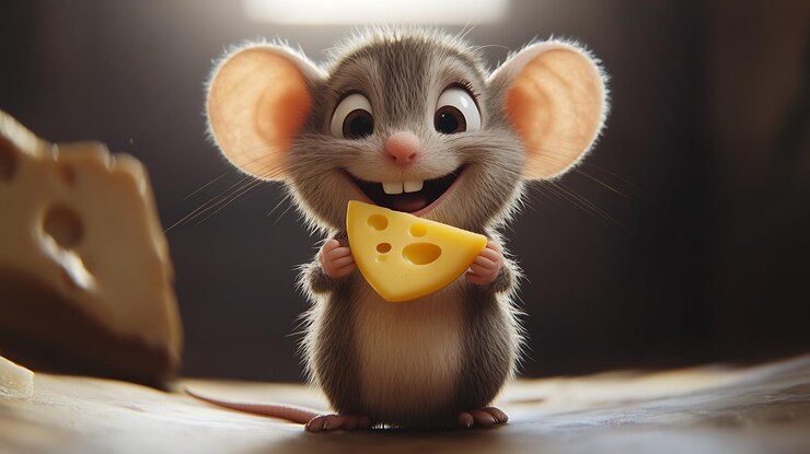 Foto um rato de desenho animado bonito felizmente segurando uma cunha de queijo