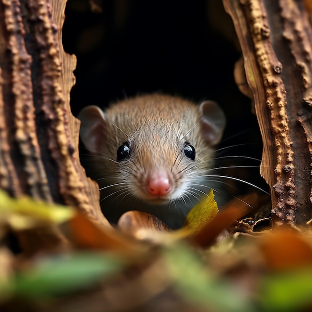 Foto um rato espreitando de um buraco em um tronco de árvore