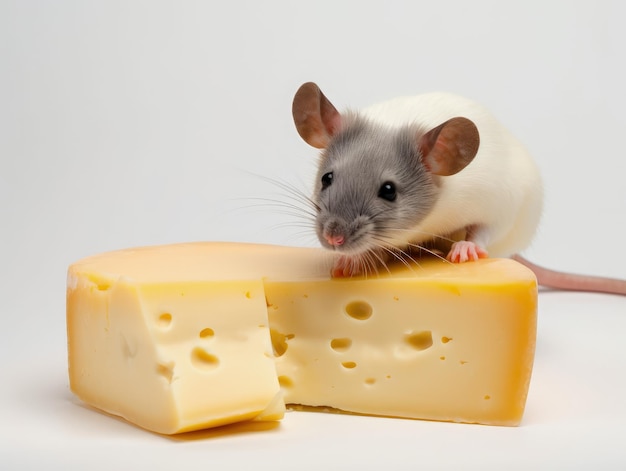 Um rato está em cima de um pedaço de queijo