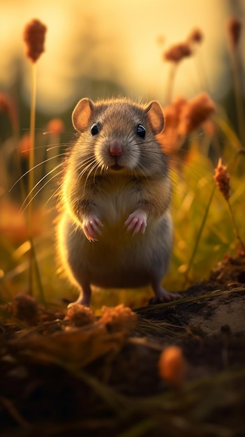 Um rato está em um campo de grama e olha para a câmera.