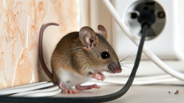 Foto um rato está roendo um fio dentro de uma casa de apartamentos contra o pano de fundo de uma parede e tomada elétrica ilustrando a batalha em andamento contra a infestação de ratos em espaços residenciais