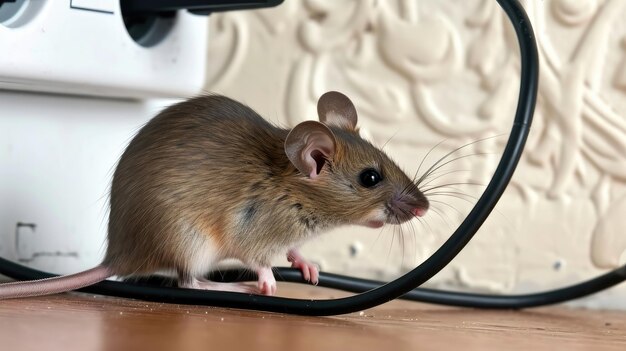 Foto um rato está roendo um fio dentro de uma casa de apartamentos contra o pano de fundo de uma parede e tomada elétrica ilustrando a batalha em andamento contra a infestação de ratos em espaços residenciais