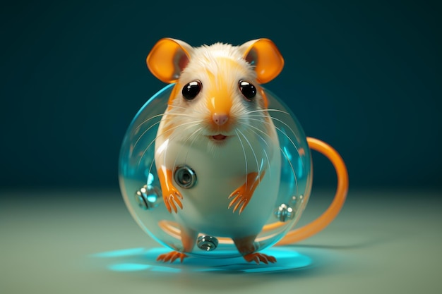 Um rato está sentado em um recipiente de vidro com fundo azul.