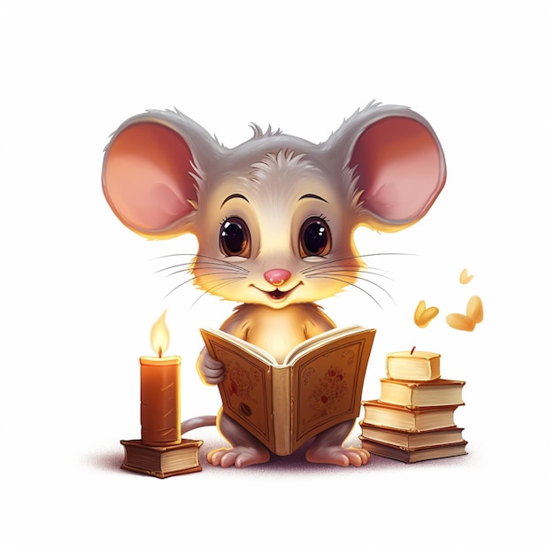 Um rato lê um livro com uma vela e um coração nele.