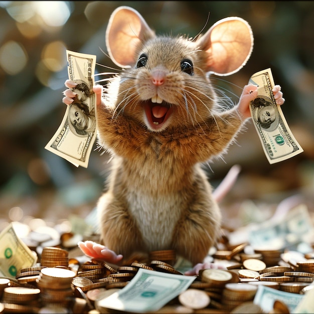 Um rato mascote ganha notas de dólar em seu caminho