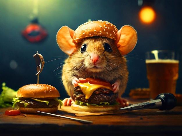 Um rato muito bonito com olhos grandes aponta um espeto de hambúrguer de metal para ser esfaqueado de cima de um grande burg