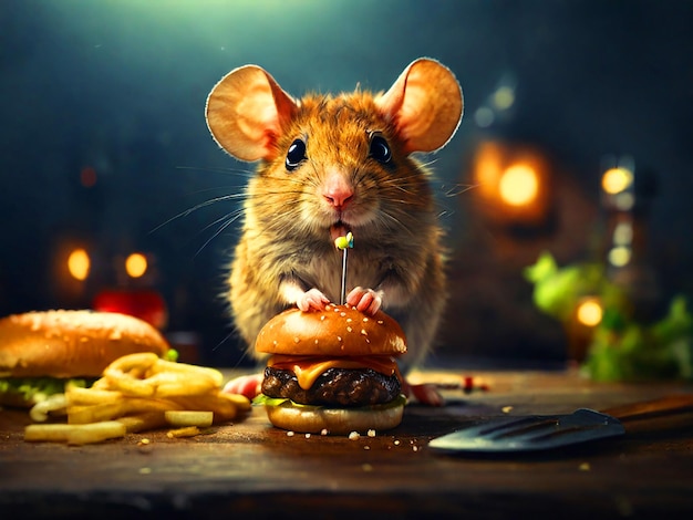 Um rato muito bonito com olhos grandes aponta um espeto de hambúrguer de metal para ser esfaqueado de cima de um grande burg