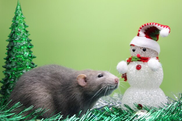 Um rato perto de uma árvore de Natal de brinquedo e um boneco de neve entre enfeites de Natal.