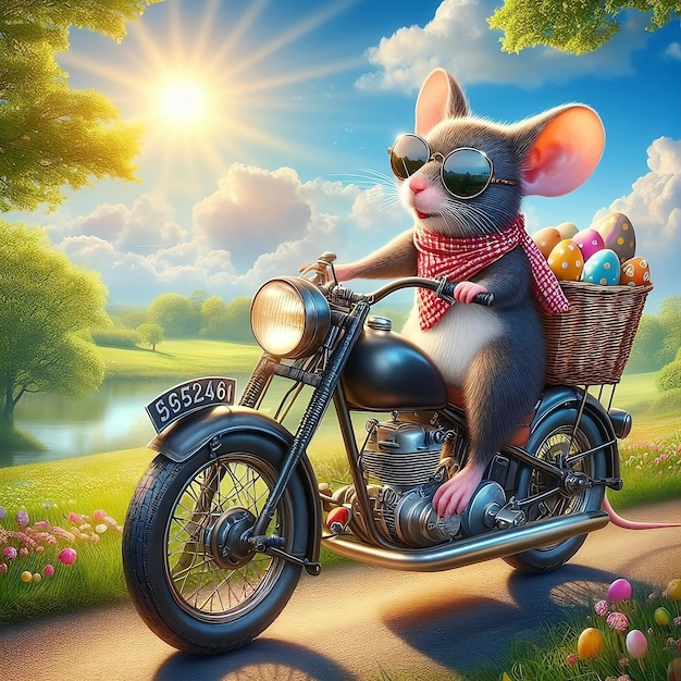 Um rato realista em uma motocicleta com óculos de sol uma cesta na parte de trás cheia de ovos coloridos Carrying