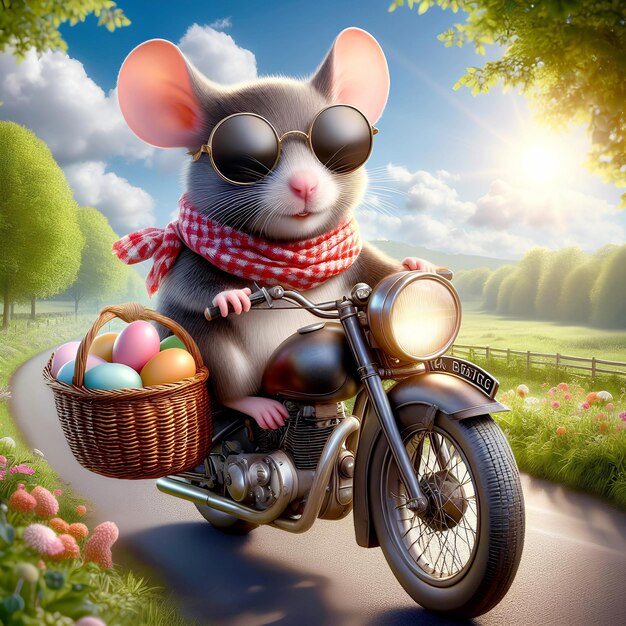 Um rato realista em uma motocicleta com óculos de sol uma cesta na parte de trás cheia de ovos coloridos Carrying