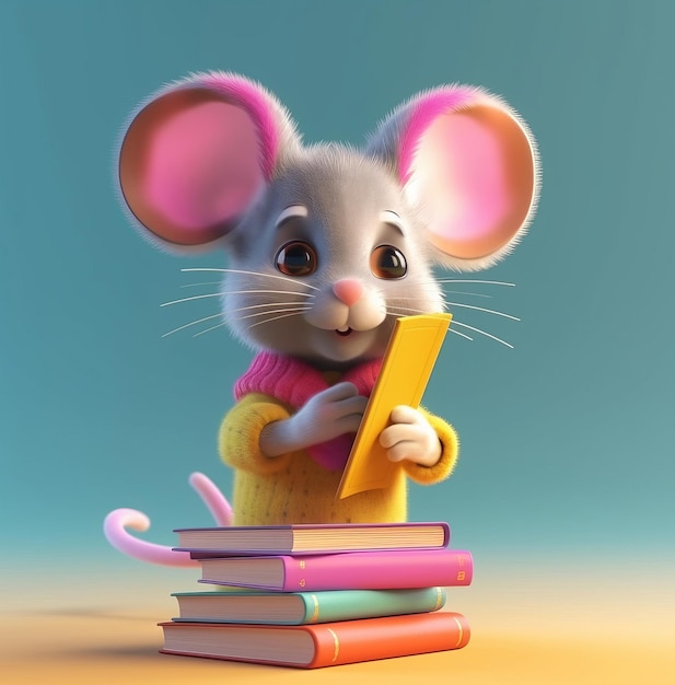 Foto um rato senta-se em uma pilha de livros com um livro amarelo na mão.