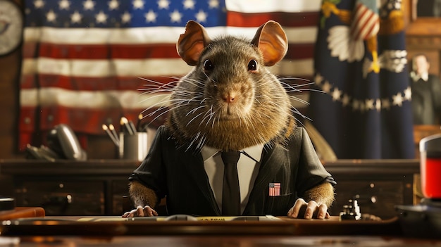 Foto um rato vestindo um terno e uma gravata está de pé na frente de uma bandeira