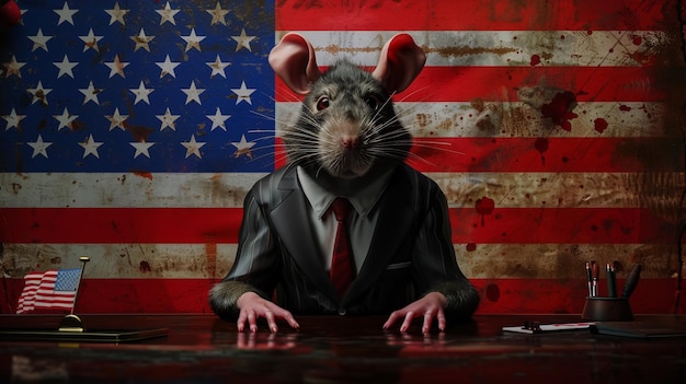 um rato vestindo um terno e uma gravata senta-se na frente de uma bandeira