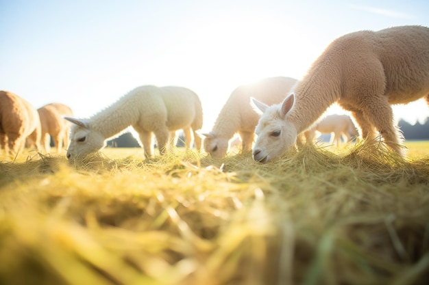 Um rebanho de alpacas comendo feno em um pasto iluminado pelo sol